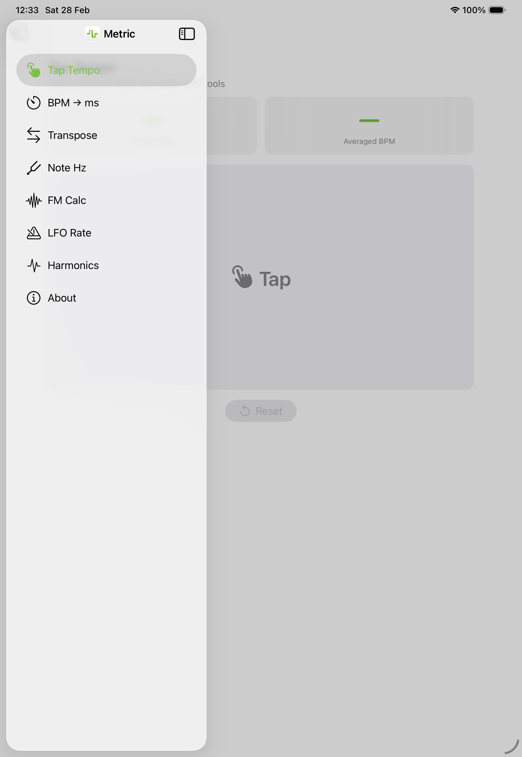 Tap Tempo with sidebar on iPad in portrait